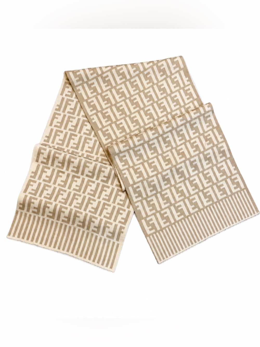 Fendi FF Zucca Logo Reversible 100% Wool Knit Scarf Beige